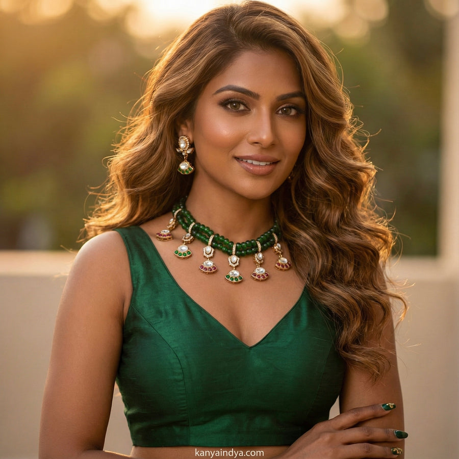 Ruby Pearl & Navratan Paachi Jadau Charms Necklace Set