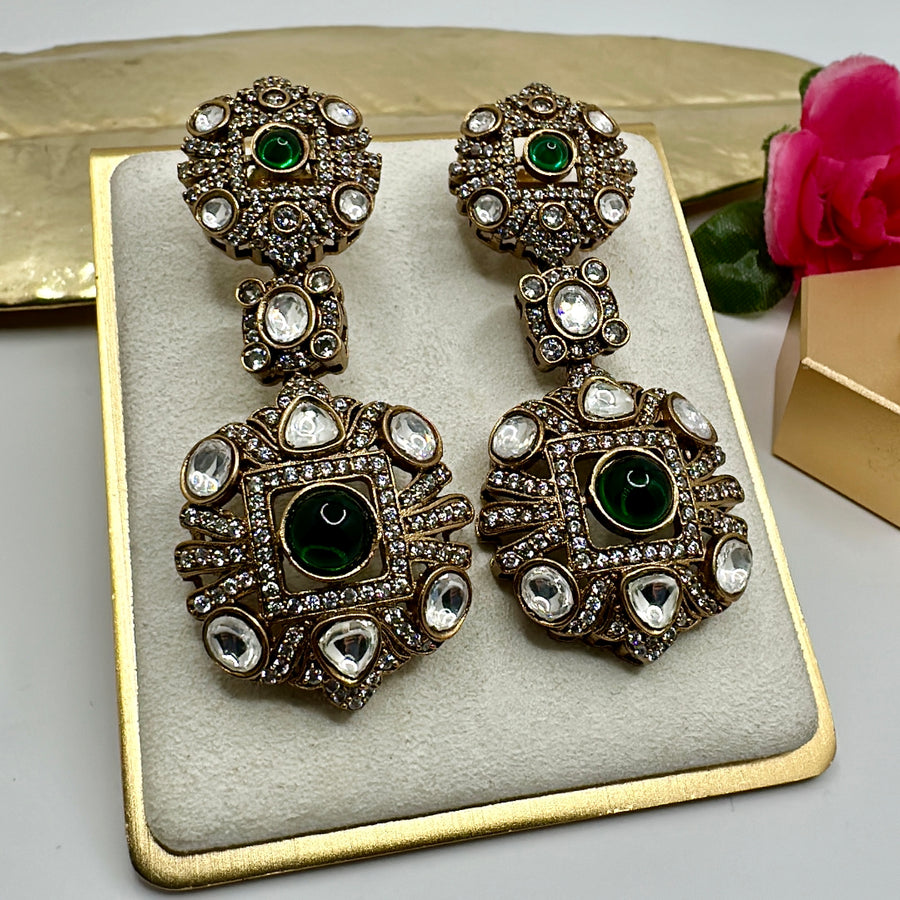 Green Moissanite Kundan Earrings