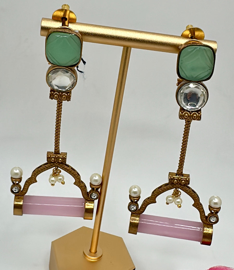 Mint And Pink Gold Lookalike Statement Earrings