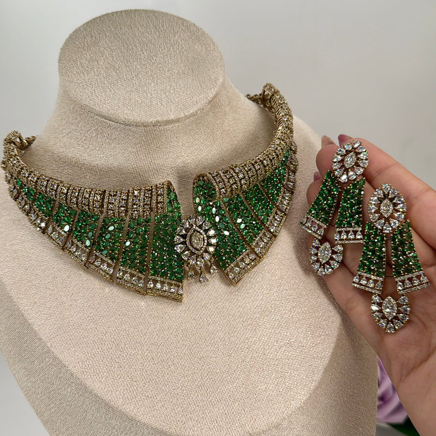 Green Invisible Setting Cubic Zirconia Hasli Necklace Set