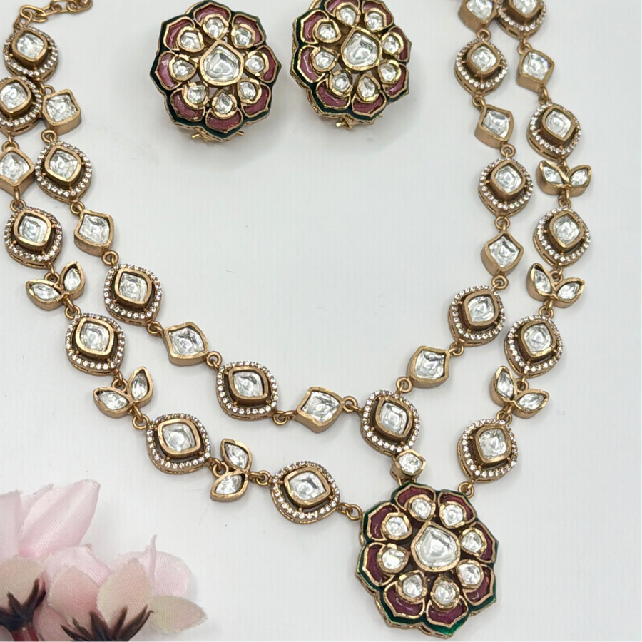 Green & Pink Meenakari Two Layer Moissanite Kundan Necklace Set