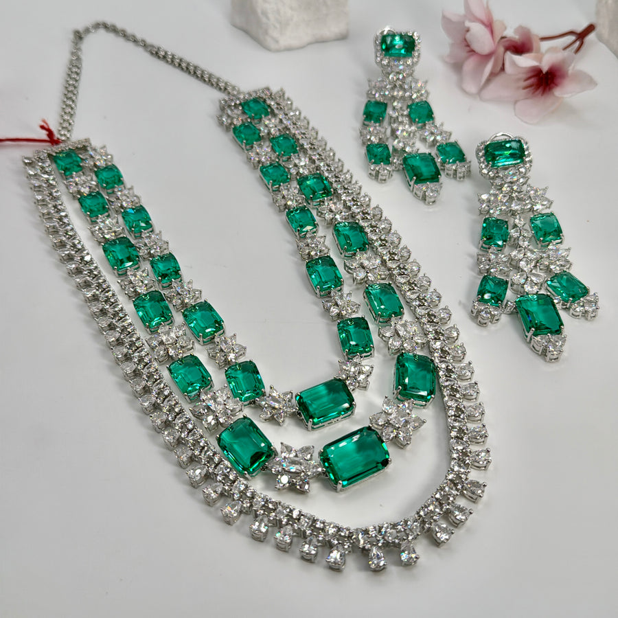 Teal Three Layer American Diamonds & CZ Statement Necklace Set