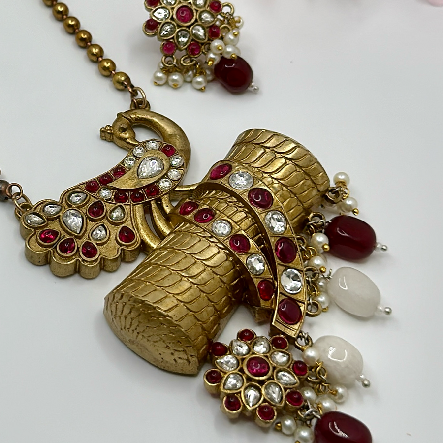 Ruby & Clear Silver Lookalike Antique Gold Long Necklace Set