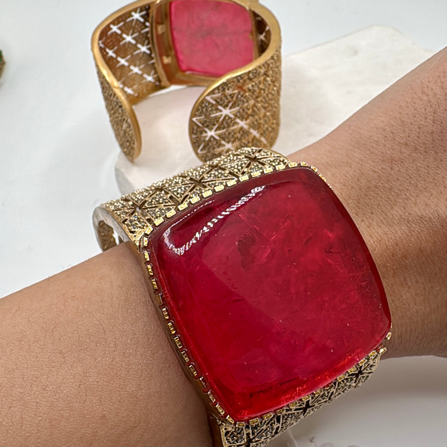 Peachy  Pink Doublt & Cubic Zirconia Gold Cuff Bangle
