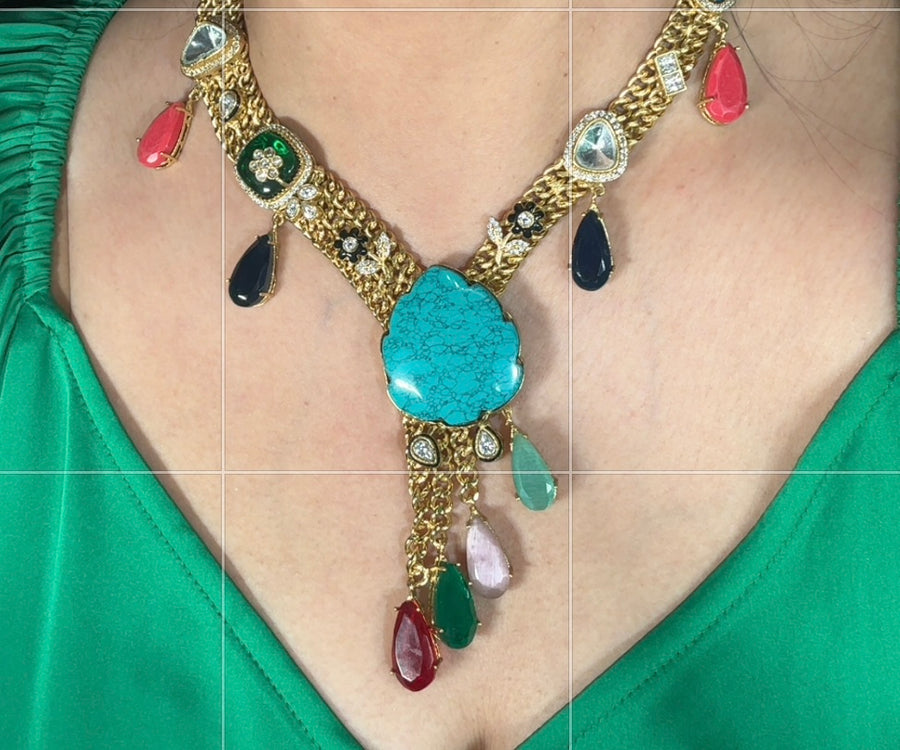 Turquoise Fusion Contemporary Gold Silver Lookalike Necklace Set