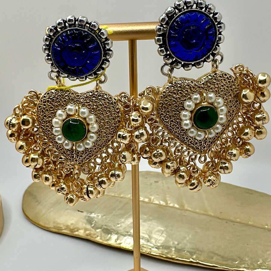 Blue Silver Lookalike Gold Chand Bali Earrings