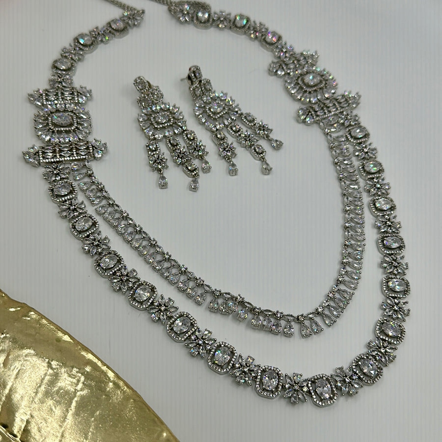 Clear American Diamonds Two Layers Long Necklace Set