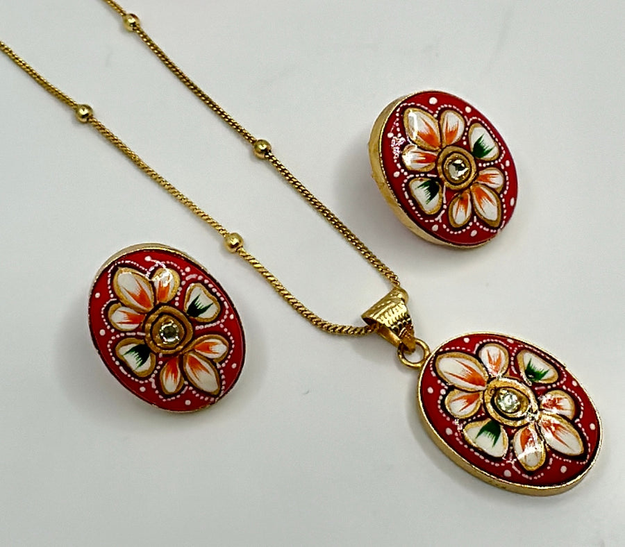 Red Tanjore Oval Pendant Set