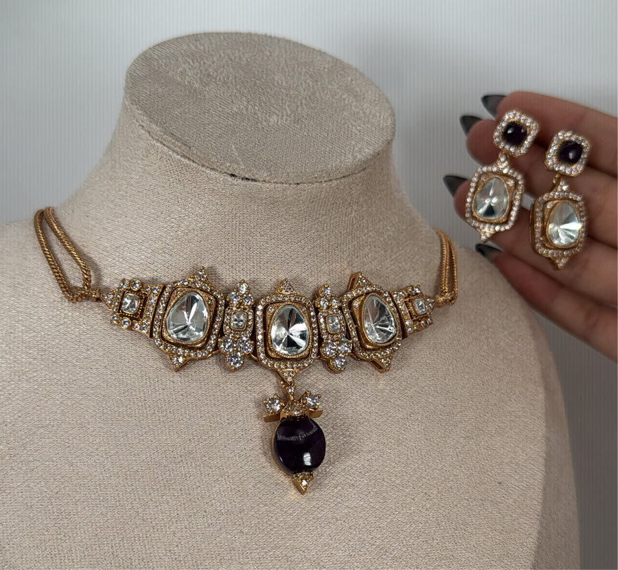 Dark Purple Doublet Moissanite Choker Necklace Set