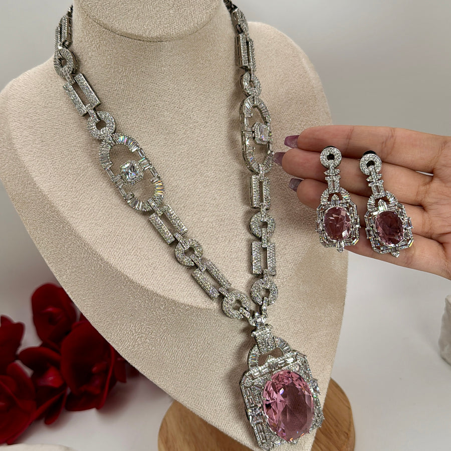 Pink Swarovski Crystal Cubic Zirconia With Nano Setting Necklace Set