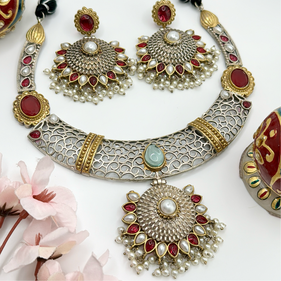 Ruby Red Pearl Dual Tone Silver Lookalike Hasli Set