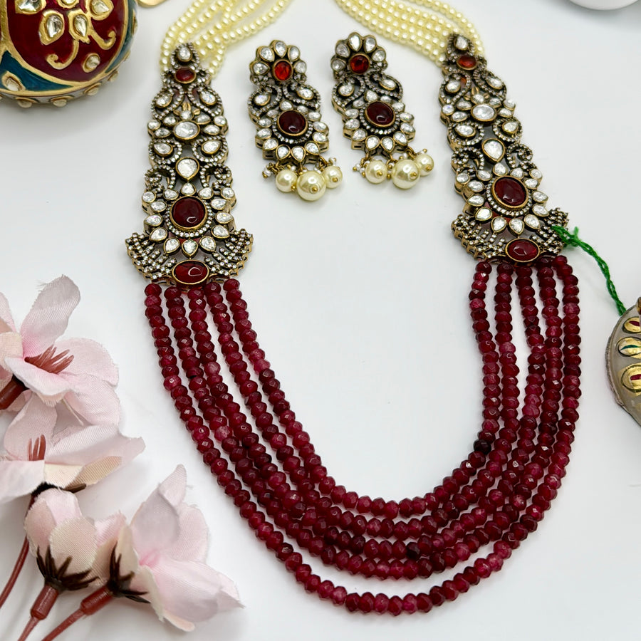 Ruby Pearls & Moissanite Broach Long Necklace Set