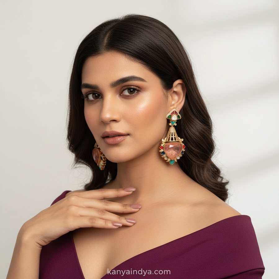 Peach Doublet and Navratan Multi Jadau Earrings