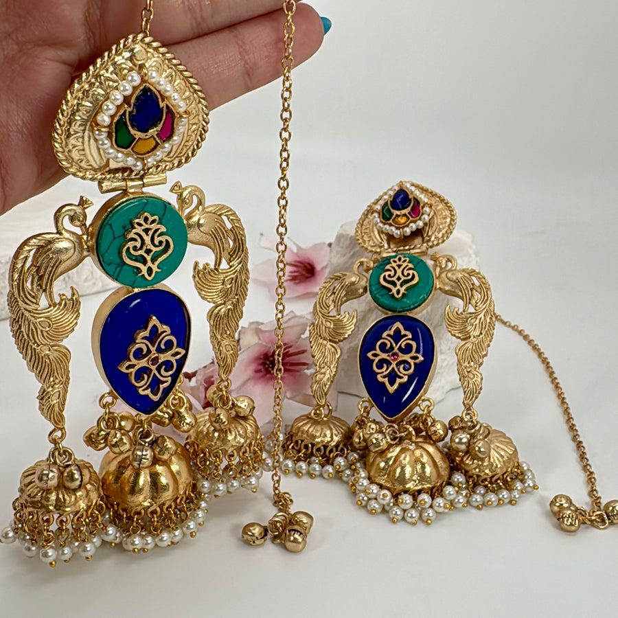 Multi Glass Stone With Inlay Work Kashmiri Style Silver Lookalike Gold  Statement Earrings