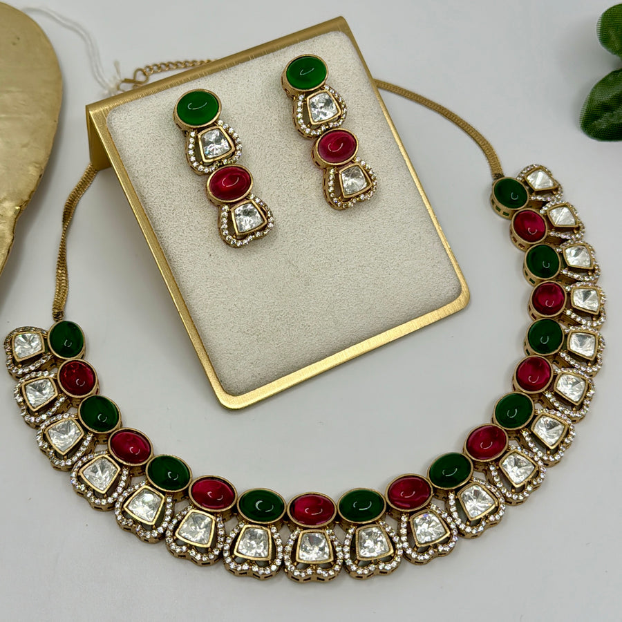 Ruby & Green Moissanite Kundan Necklace Set