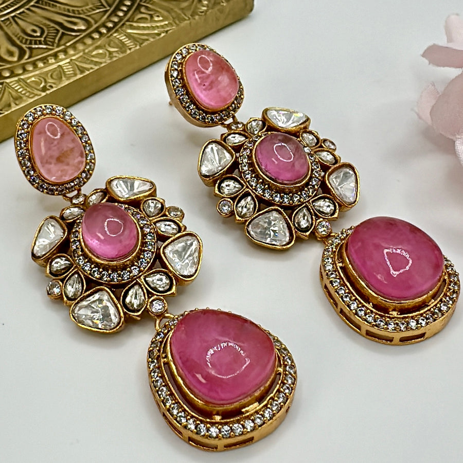 Pink Doublet Moissanite Kundan Statement Earrings