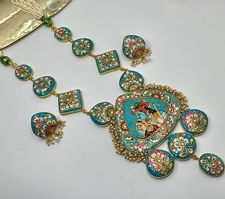 Turquoise Tanjore Radha Krishna Long Necklace Set