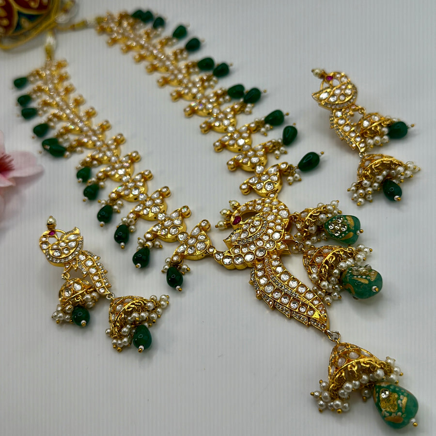 Green Premium Polki Kundan Statement Long Necklace Set