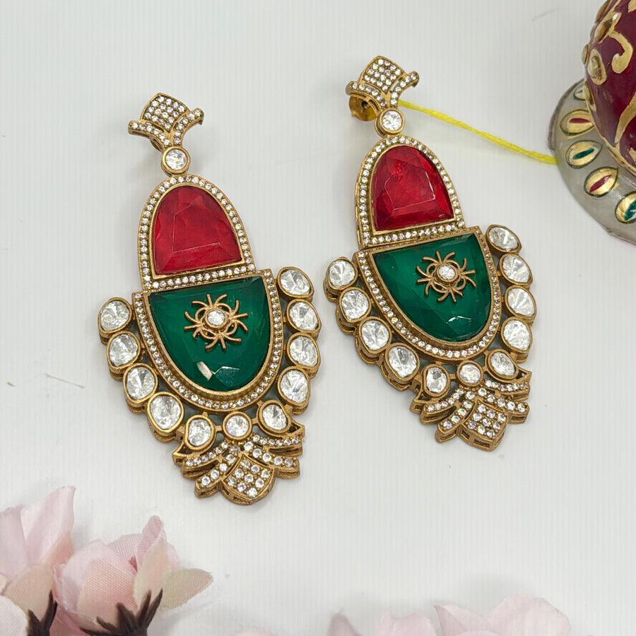 Red & Green Doublet & Moissanite Kundan Inlay Statement Earrings