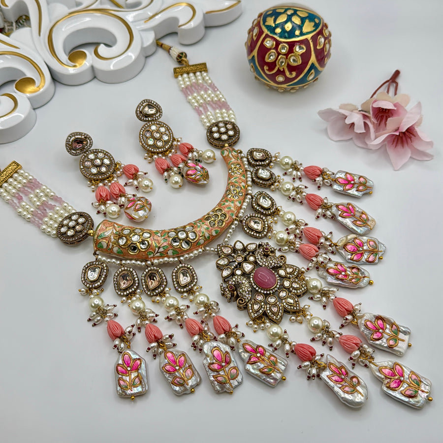 Pink Meenakari & Baruq Pearl Hand Painted Moissanite Statement Necklace Set