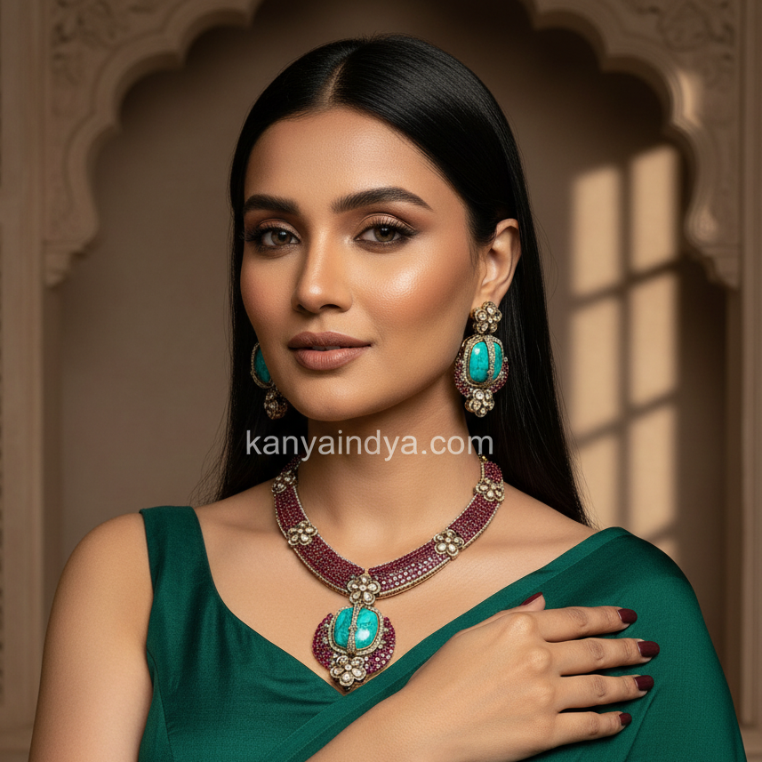 Ruby Turquoise Invisible Setting Necklace Set