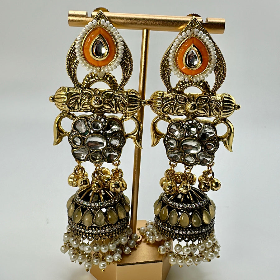 Orange Silver Lookalike Kundan & Gold Jhumka