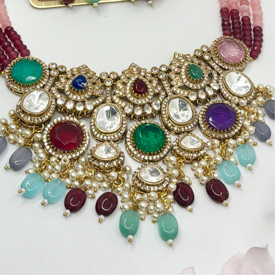 Multi Navratan Kundan Necklace Set