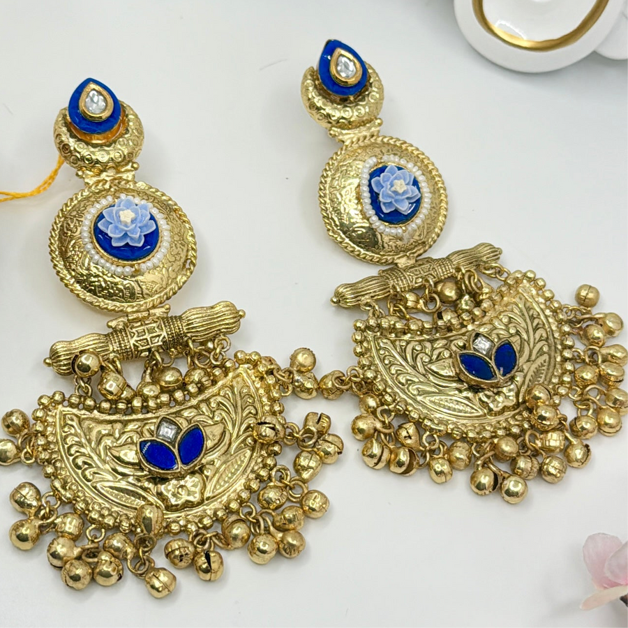 Blue Silver Lookalike Gold Ghungroo Statement Earrings