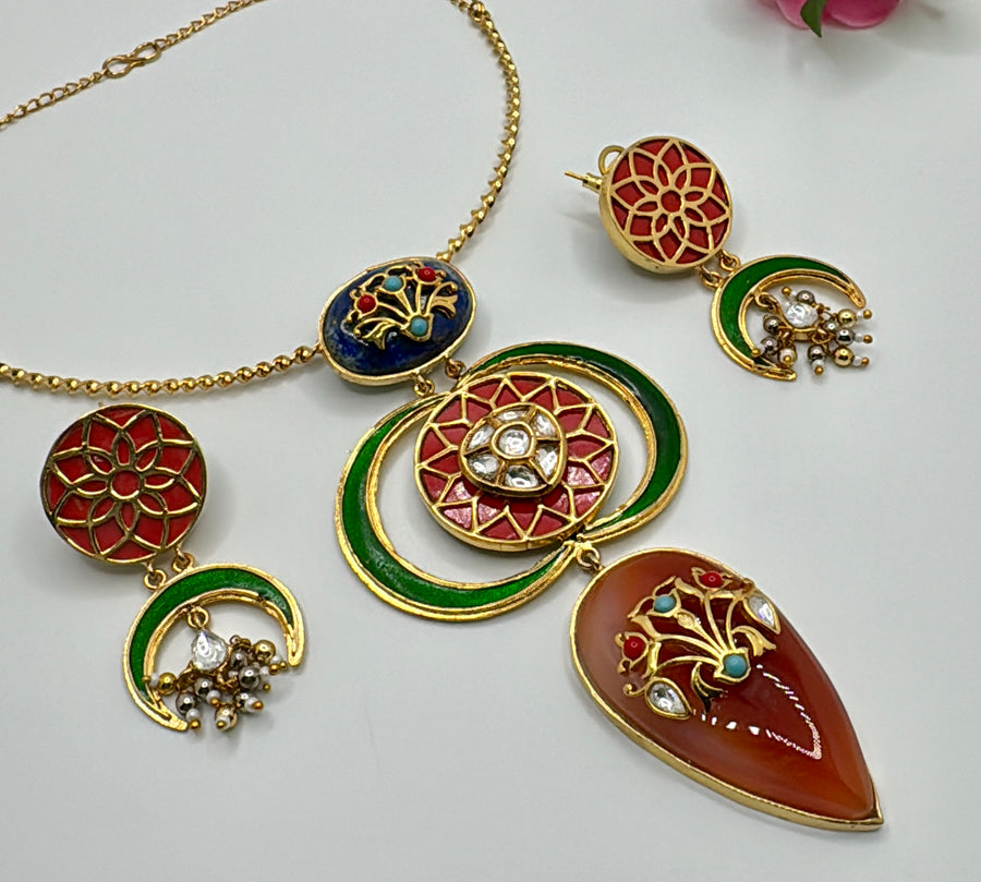 Orange Glass Stone With Inlay Work Premium Hasli Set