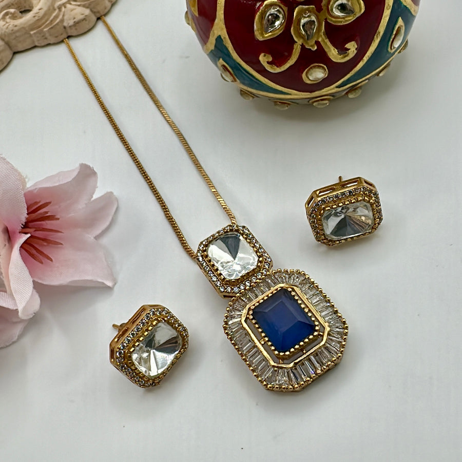 Blue American Diamonds & Kundan Dainty Pendant Set