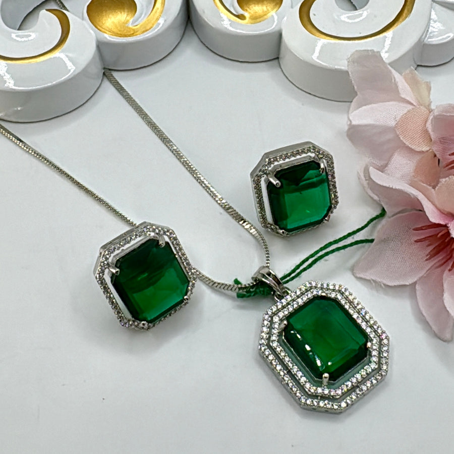 Green Hydro Stone & American Diamonds Pendant Set