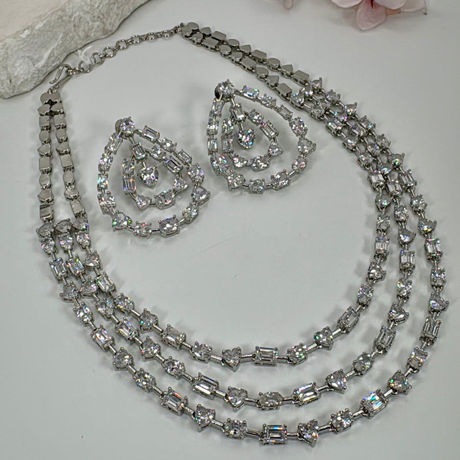 Clear Korean Cubic Zirconia Three Layer Necklace Set