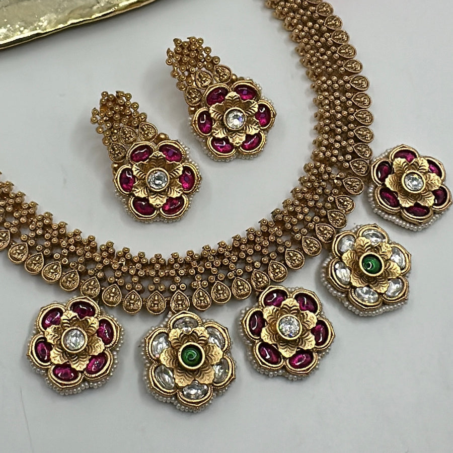 Temple Inspired Necklace Set with Kundan & Kemp Jadau