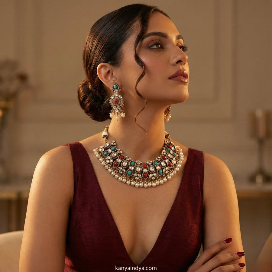 Coral Red & Turquoise Moissanite Necklace Set