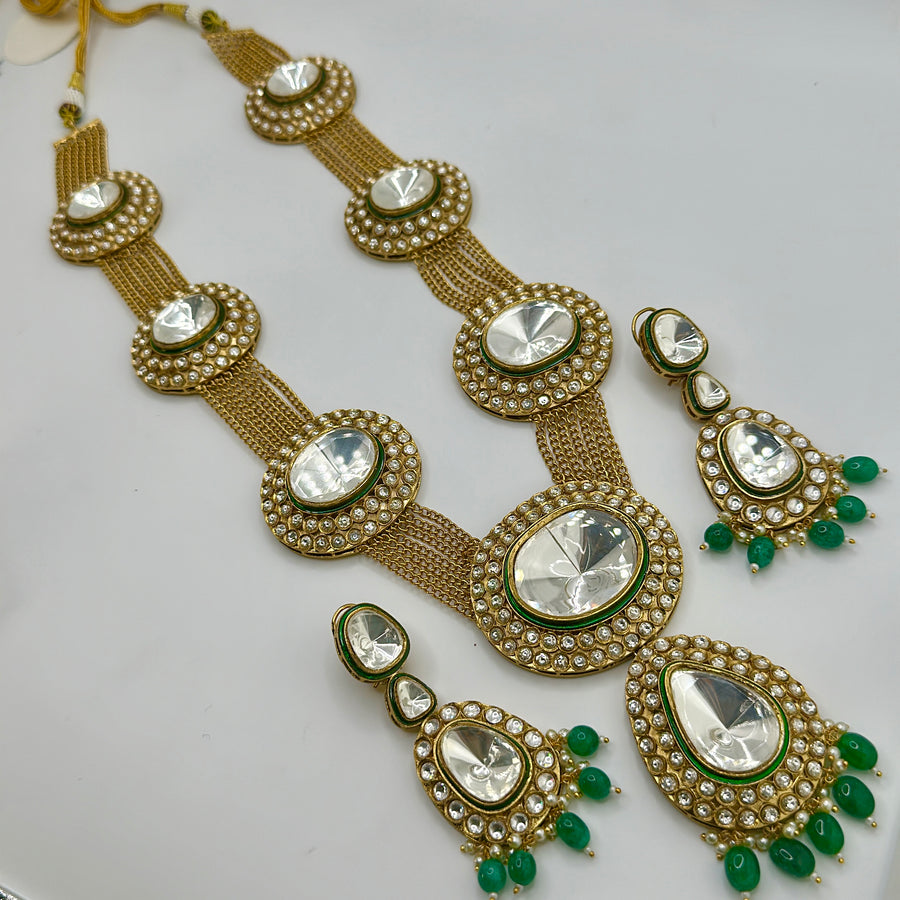 Green Nita Ambani Premium Polki Kundan Statement Long Necklace Set