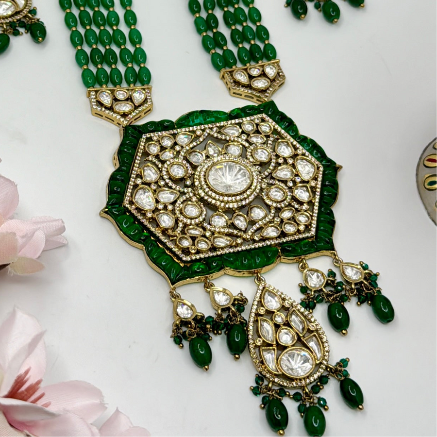 Green Moissanite Kundan Statement Long Necklace Set