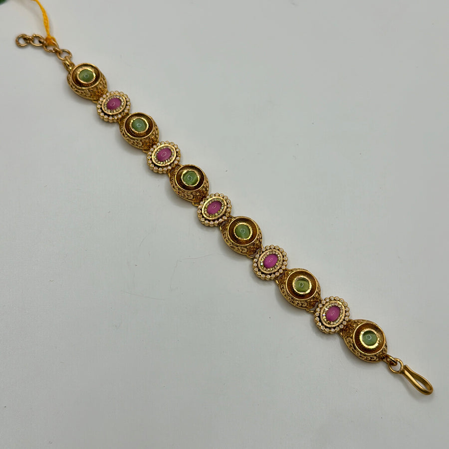 Pink And Mint Kundan Ajustable Bracelet