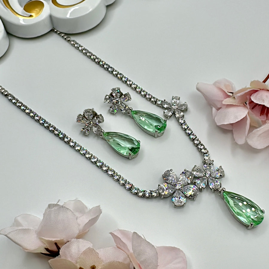 Green American Diamonds Dainty Flowers Necklace Set