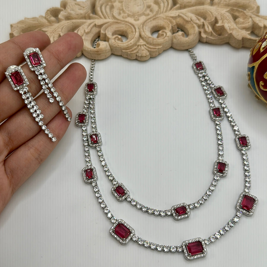 Ruby Two Layer American Diamonds Necklace Set