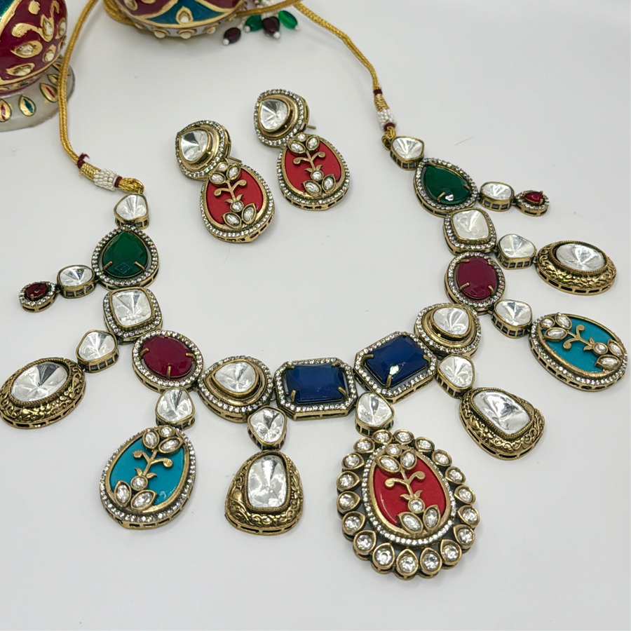 Multi Glass Stone With Inlay Work & Moissanite Kundan Necklace Set