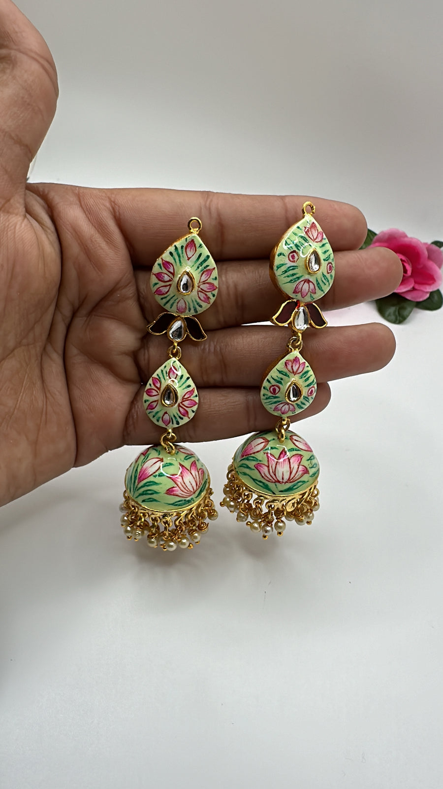 Green Tanjore Long Earrings