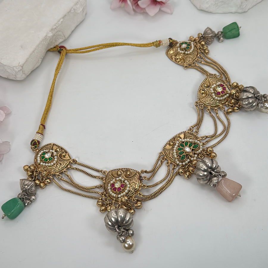 Multi Silver Lookalike Gold Necklace Set With Paachi Motifs