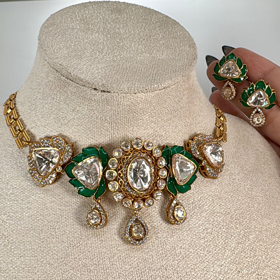 Green Jadau Moissanite Kundan Dainty Choker Necklace Set