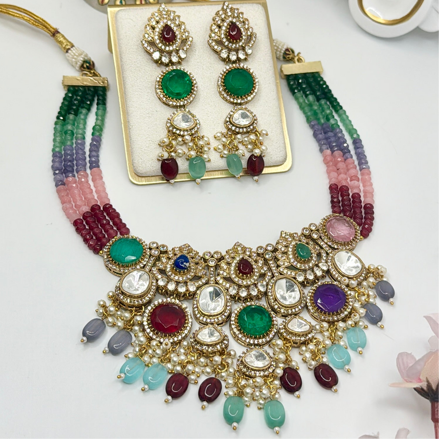 Multi Navratan Kundan Necklace Set