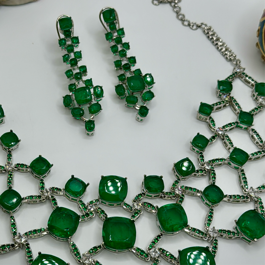 Green Doublet & American Diamonds Statement Necklace Set