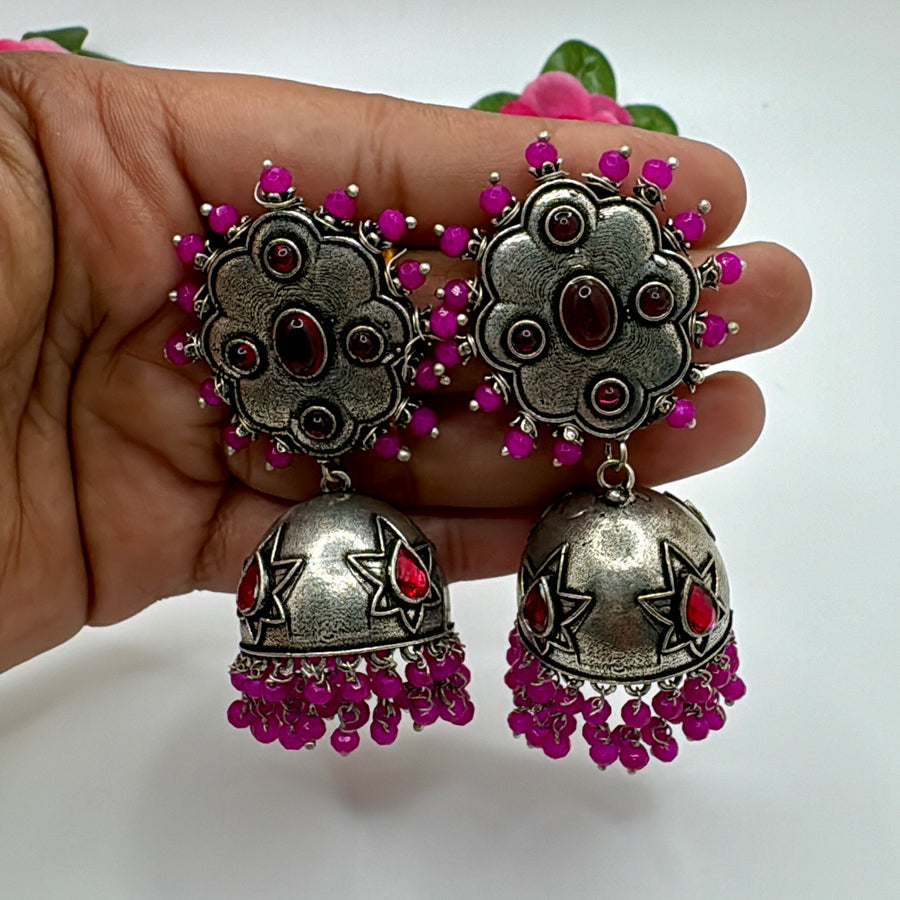 Hot Pink Silver Lookalike  Jhumka