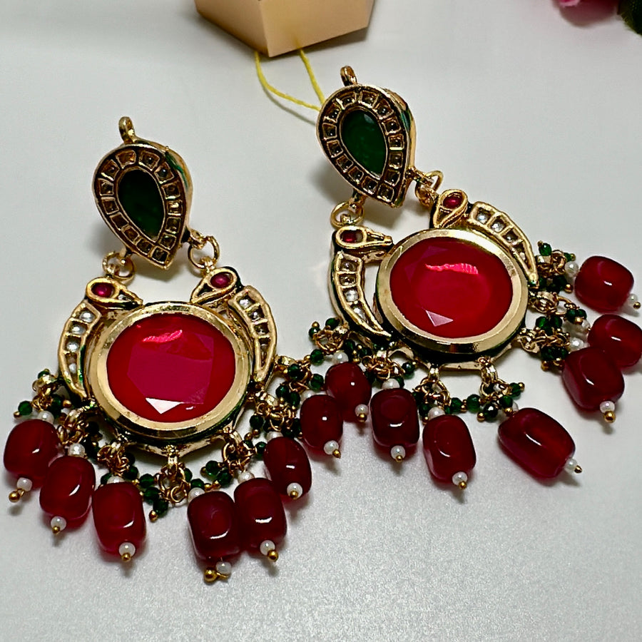 Ruby & Green Kundan Chand Bali Earrings