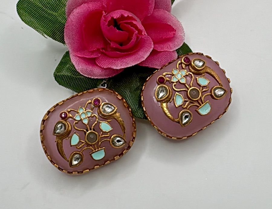 Pink Glass Stone With Inlay Work Studs