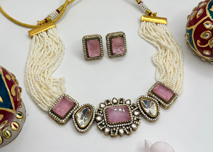 Pink Doublet & Kundan Choker Necklace Set