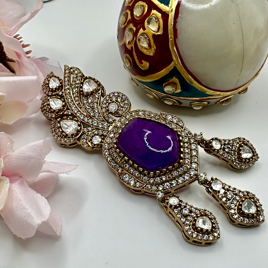 Purple Doublet & Moissanite Kundan Juda Bun Hair Accessory(Can also be worn as Pendant)